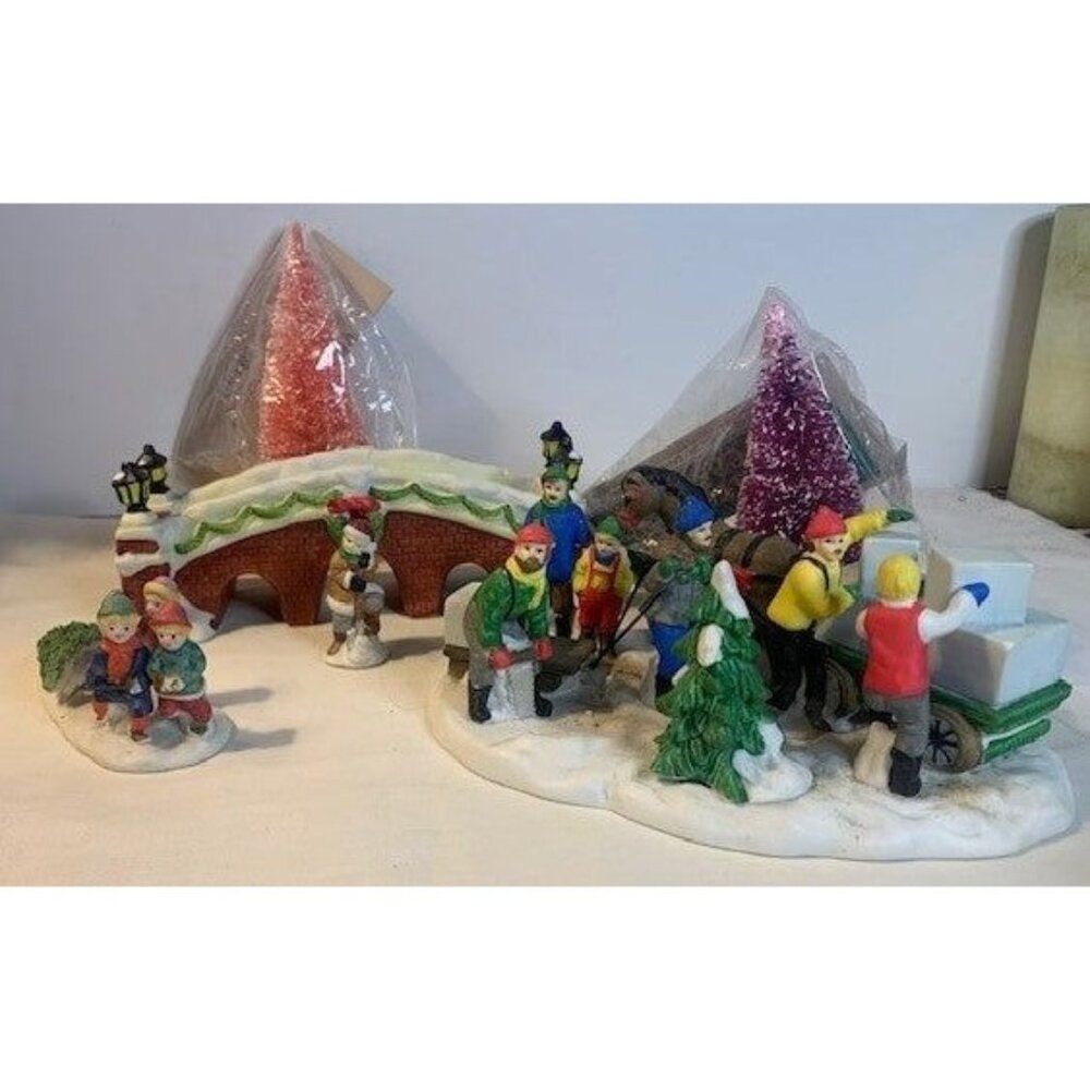 Vintage Hand-Painted Ceramic Christmas Village Set with Bridge Children Horse &